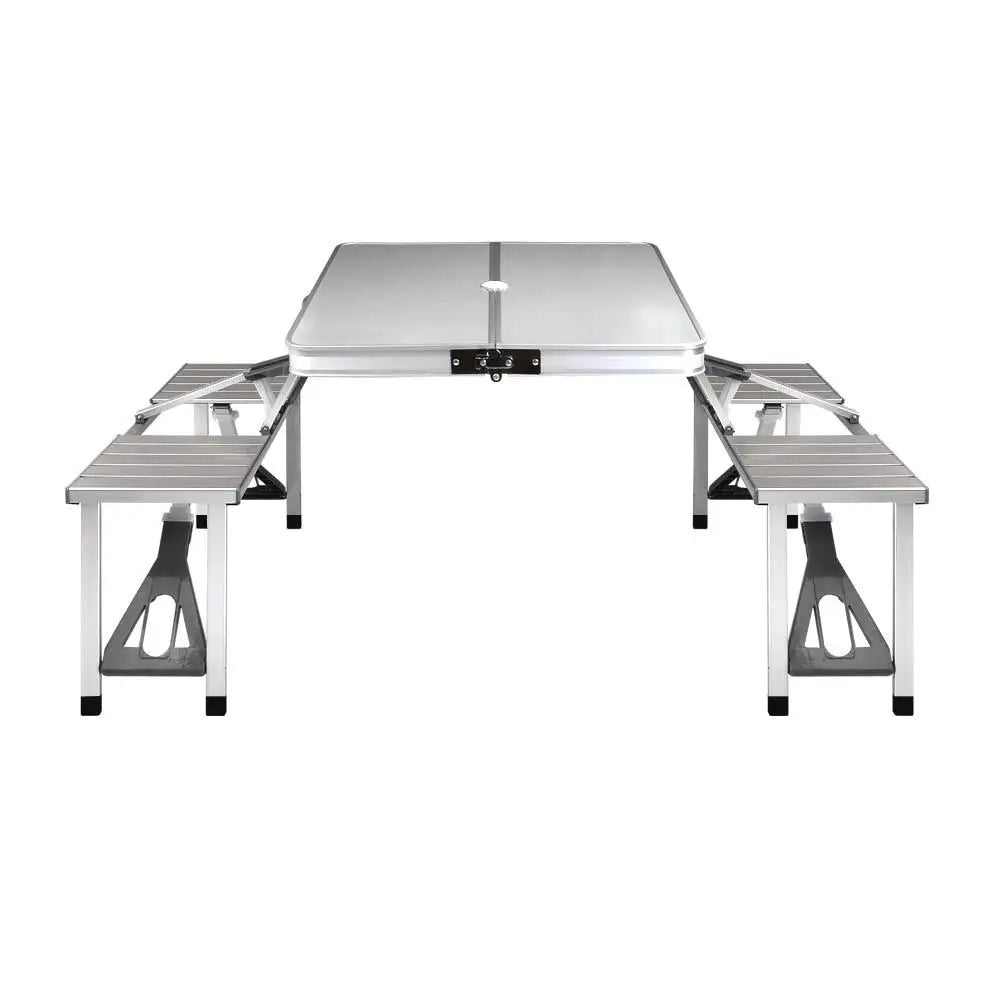 OEM Portable Folding Camping Table Set with Bench Seats Silver 85x66x66.5cm