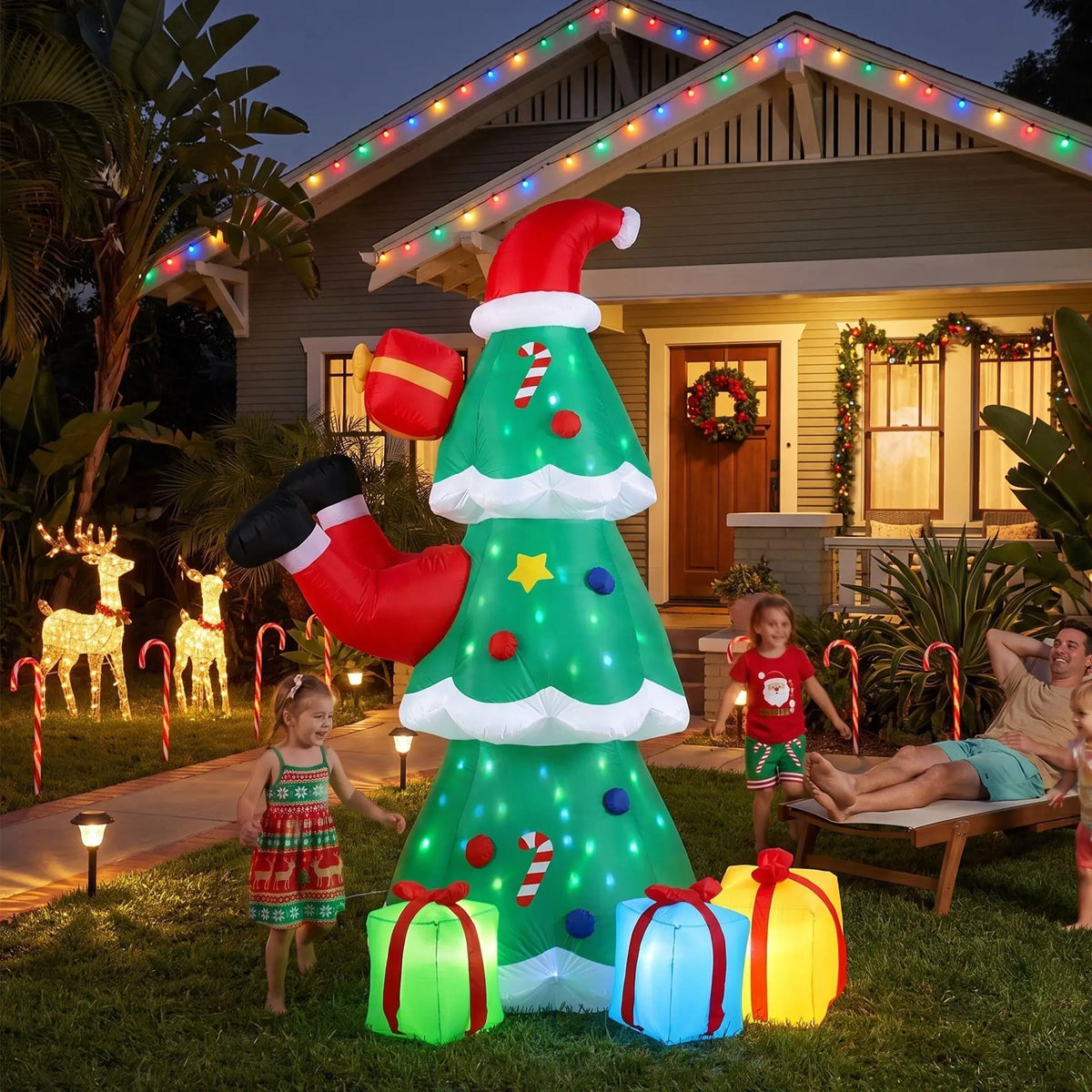 OEM Christmas Inflatable Santa Tree Flashing Lights Outdoor Decoration Green 2.5m