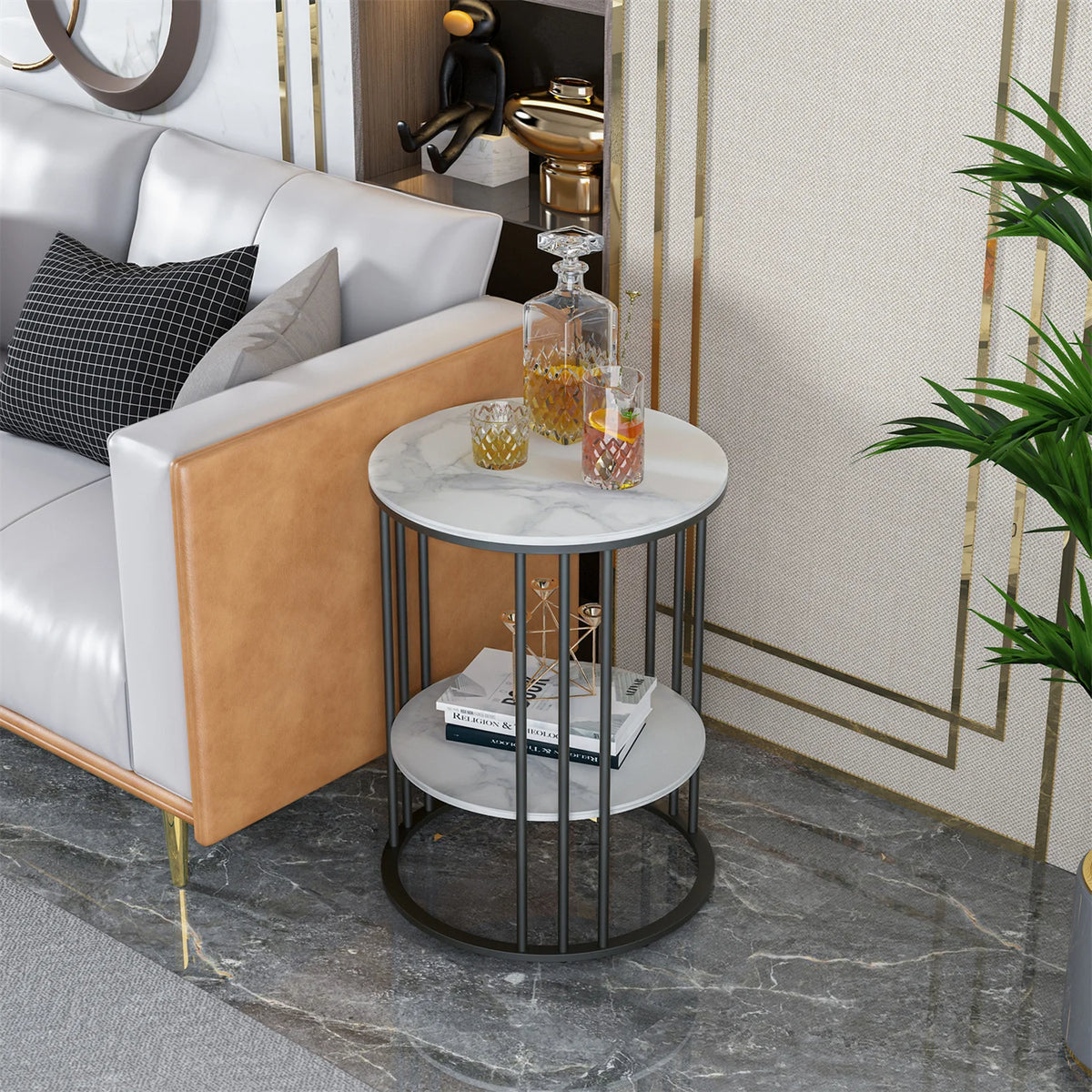 OEM Side Table 2-Tier Round Sintered Stone Top Black