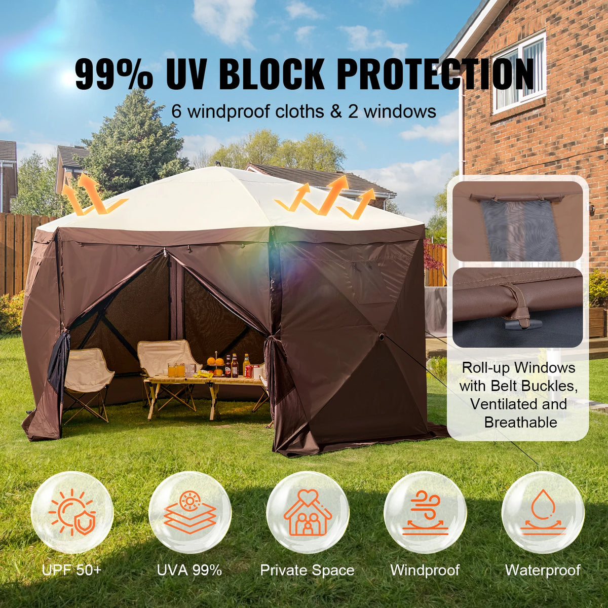 OEM Pop Up Gazebo Screen Tent 6-Sided Privacy Panels Brown 11.5x11.5x7.5ft