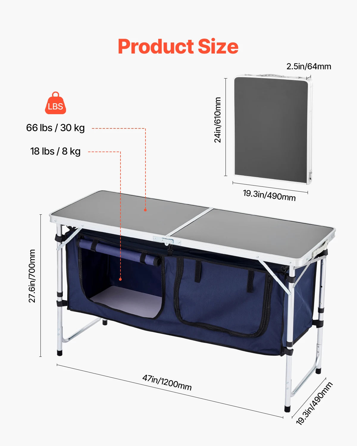 OEM Folding Camping Kitchen Table Storage Compartments Blue 120x49x70cm