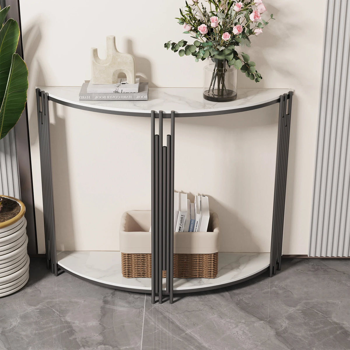 OEM Console Table Half Moon Sintered Stone Top White