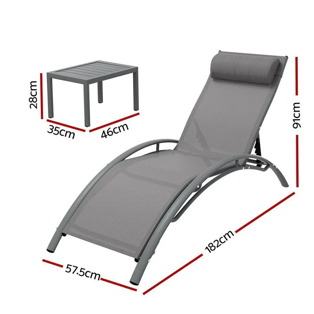 OEM Outdoor Sun Lounger Set 3 Piece Steel Patio Reclining Chairs with Side Table Grey 182x57.5x91cm