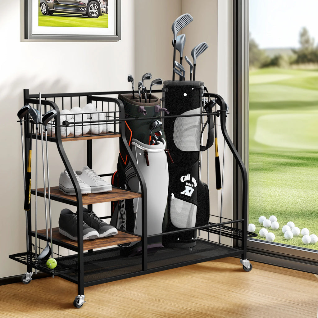 OEM Golf Bag Rack Rolling Sports Equipment Organizer Black