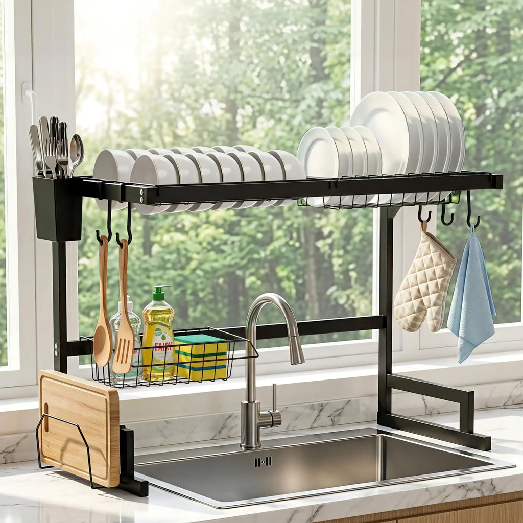 OEM 2-Tier Over Sink Dish Drying Rack Carbon Steel Black 65x33.5x52cm