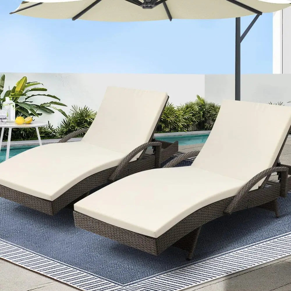 OEM Outdoor Wicker Sun Lounger Set 2 Piece Adjustable Reclining Patio Chairs with Cushions Grey & Beige 190x70x75cm