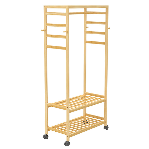 OEM Clothes Rack Bamboo Rolling Wheels Natural