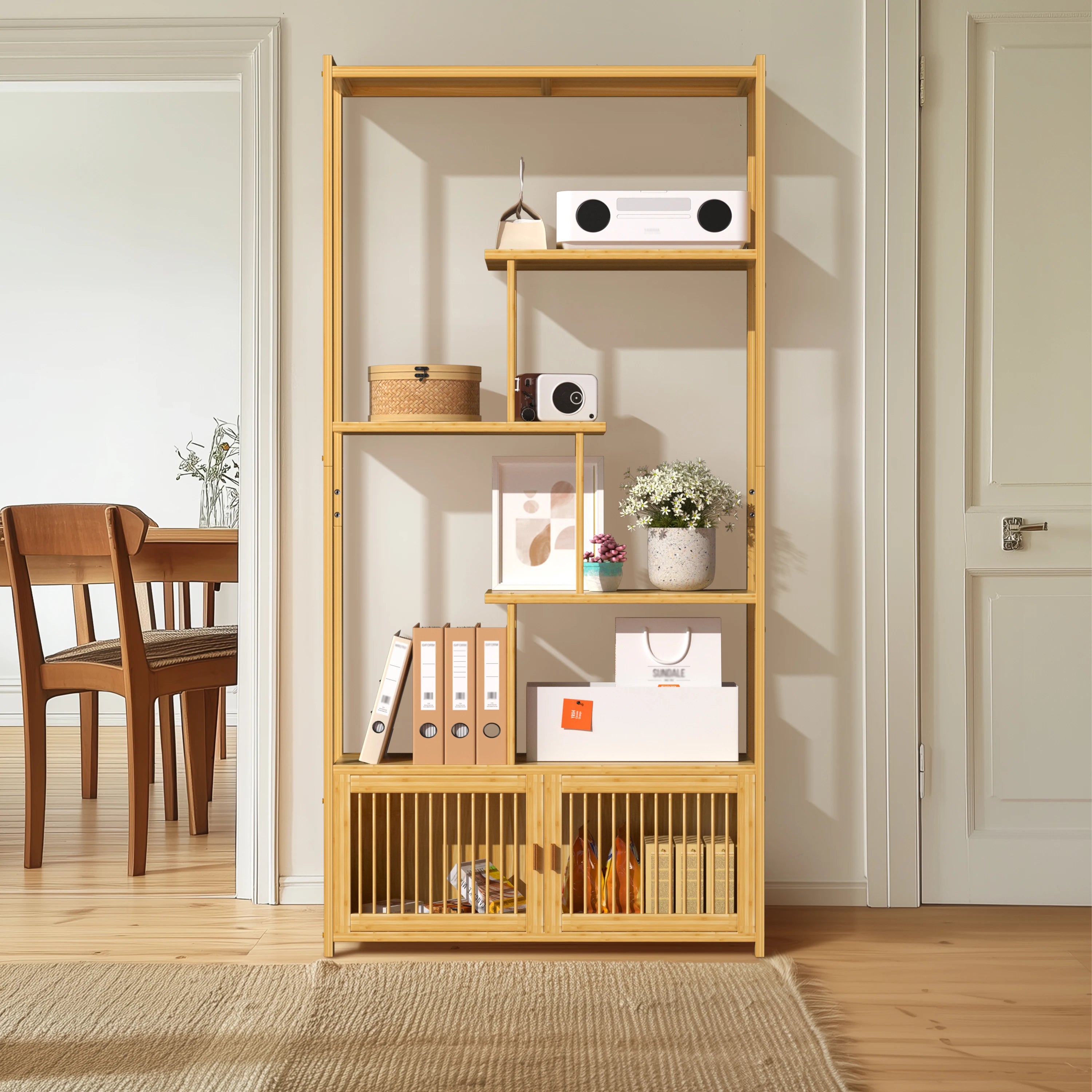 OEM Storage Rack Bamboo Shelving Unit High & Low Shelves Natural