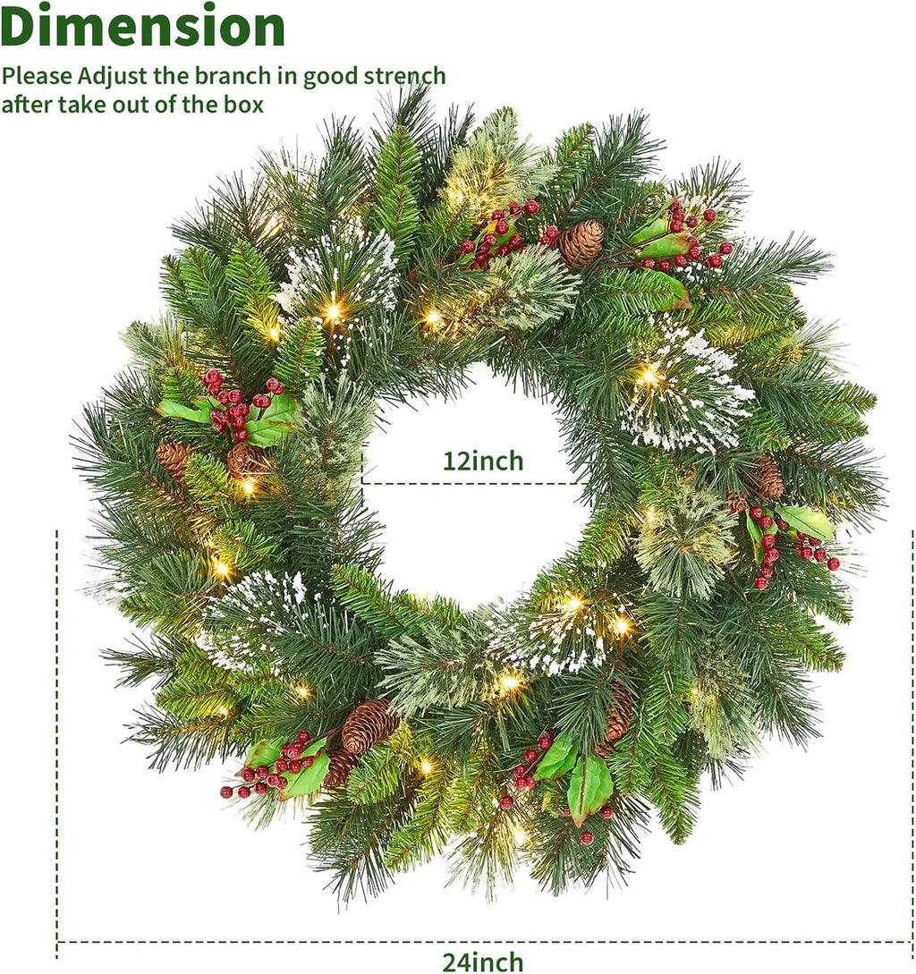 OEM Pre-Lit Christmas Wreath 50 Warm White LED Pine Cones Green 24 Inch