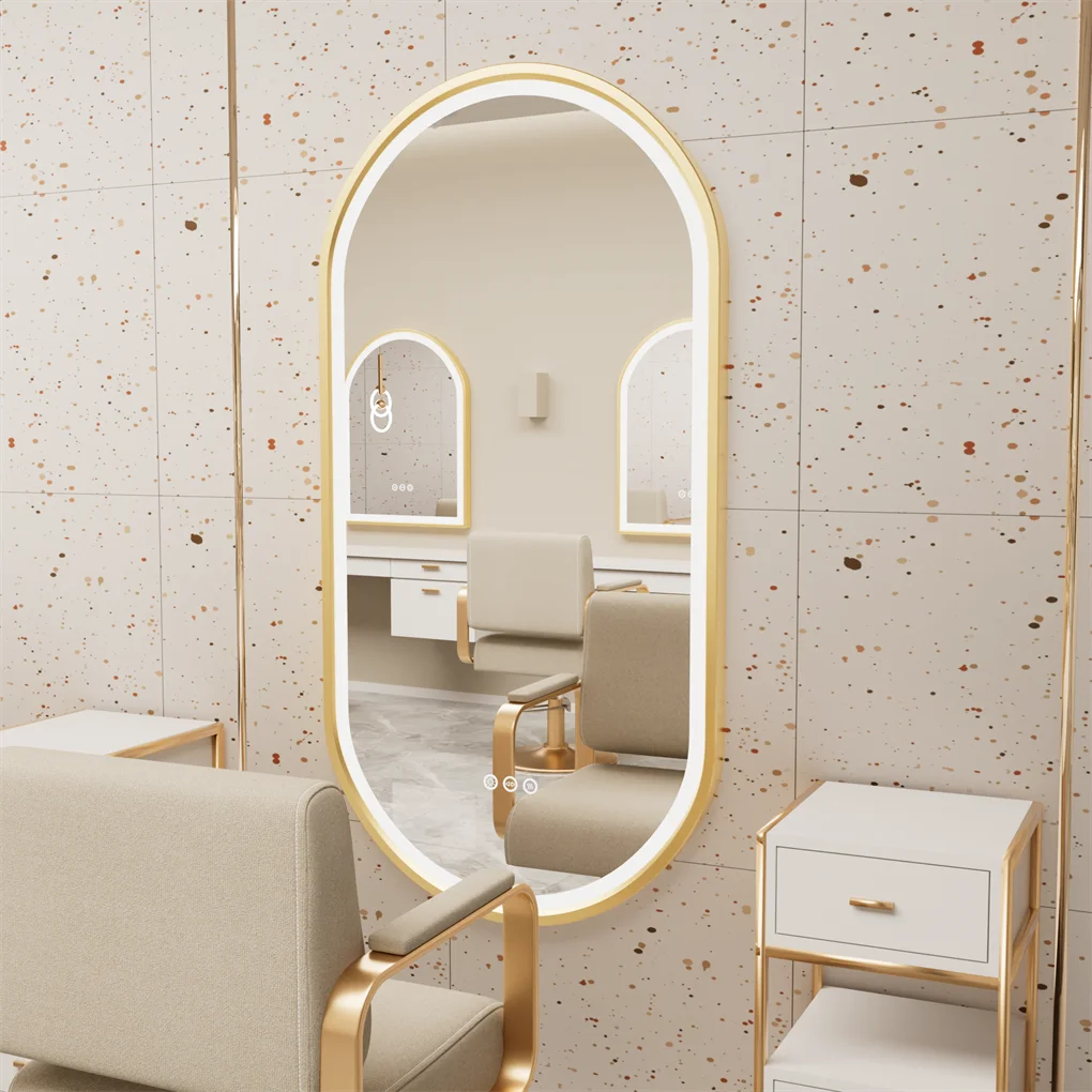OEM Bathroom Mirror LED Illuminated Oval Aluminium Frame Gold
