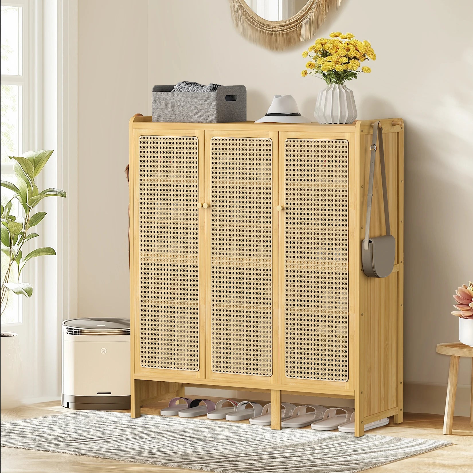 Bamboo Shoe Storage Cabinet - 6 Tier with Doors - Natural Wood
