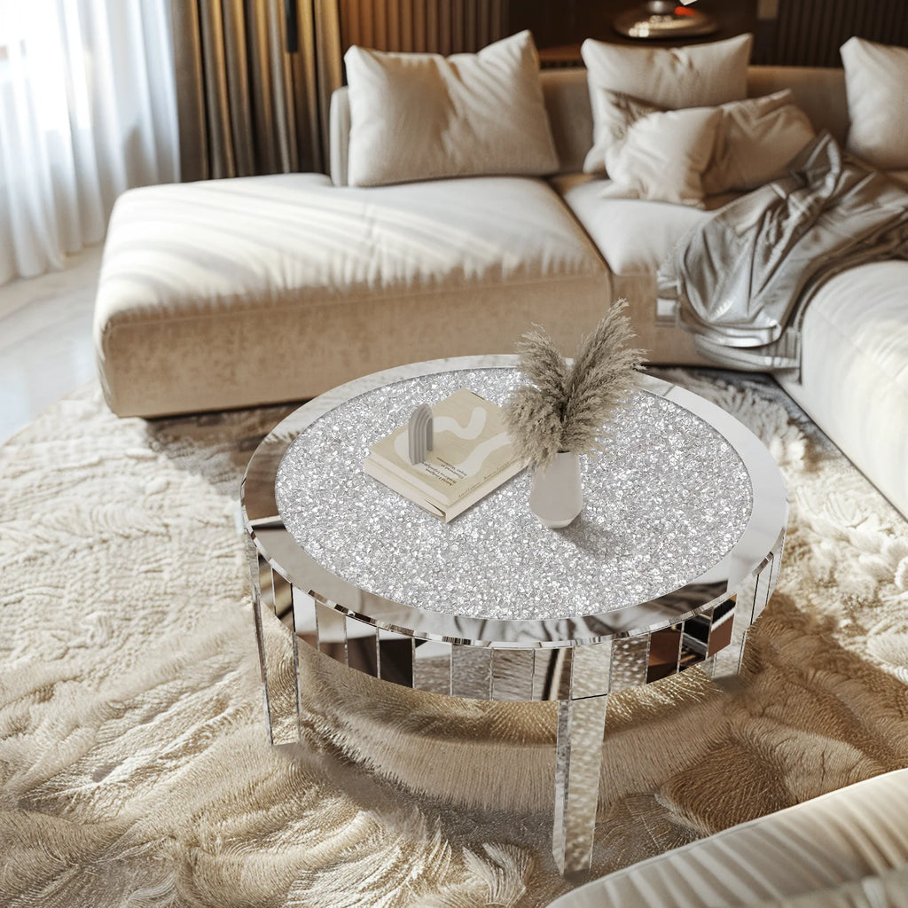 OEM Coffee Table Round Mirrored Crystal Inlay Silver