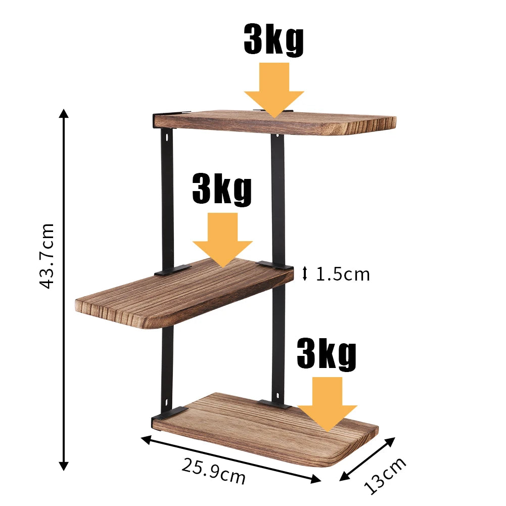 OEM Corner Shelf 3-Tier Wall Mounted Pine Wood Metal Brown