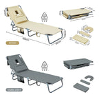 OEM Folding Sun Lounger Chair 5-Position Adjustable Recliner with Face Hole Khaki 188x55x24cm