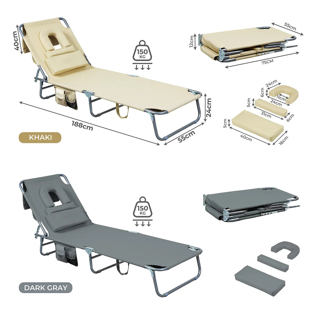 OEM Folding Sun Lounger Chair 5-Position Adjustable Recliner with Face Hole Khaki 188x55x24cm