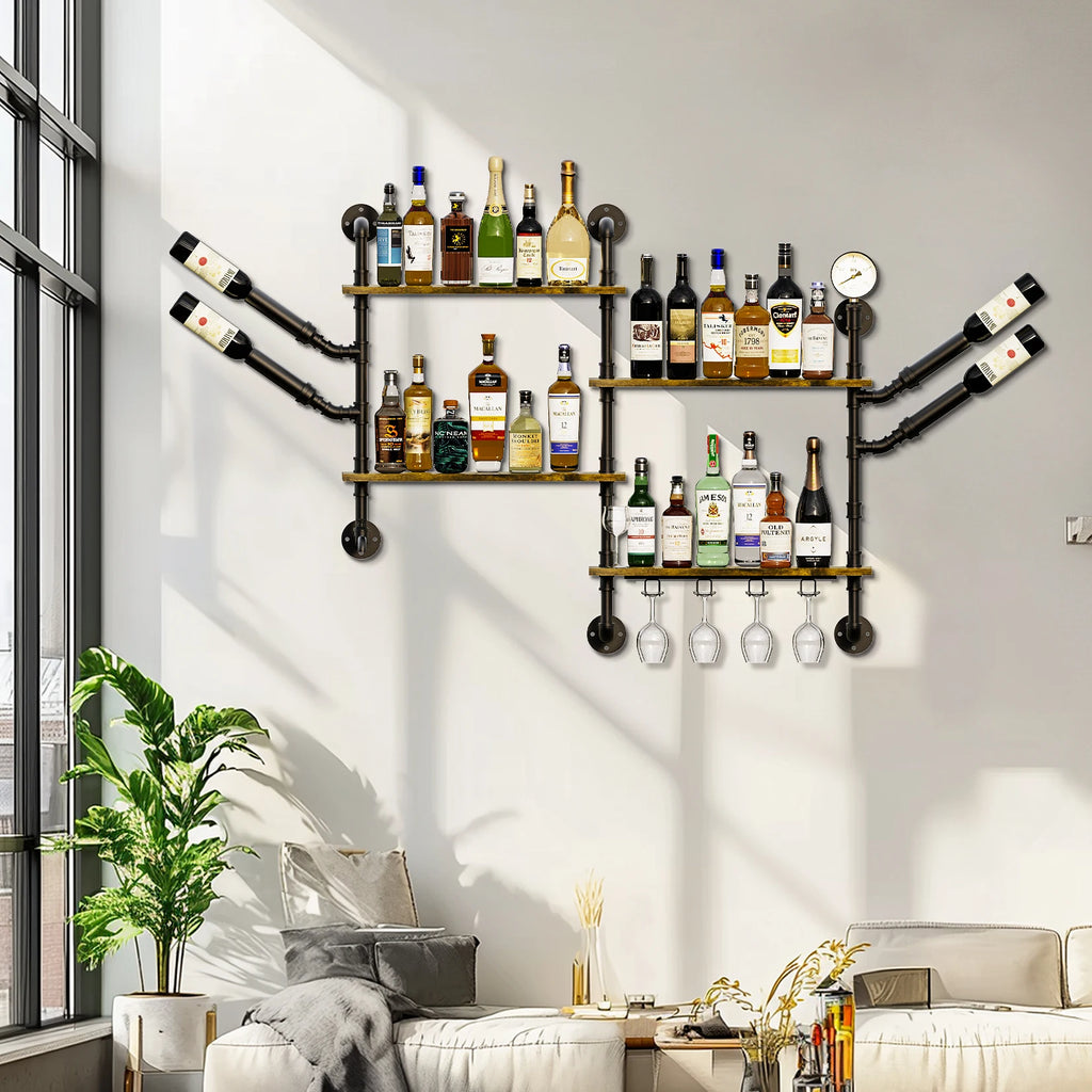 OEM Wall Wine Rack Industrial Pipe Shelves Glass Holder Black
