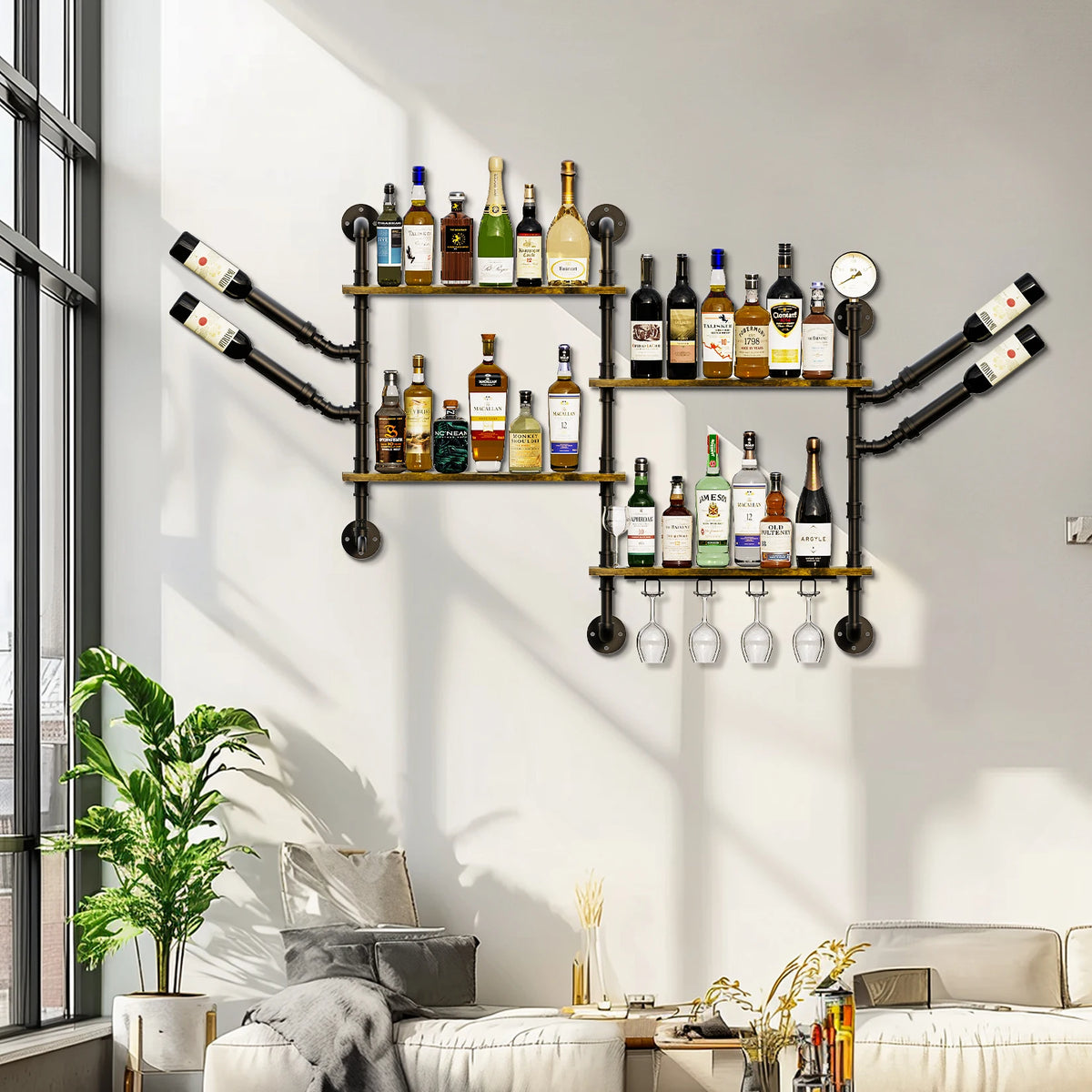 OEM Wall Wine Rack Industrial Pipe Shelves Glass Holder Black