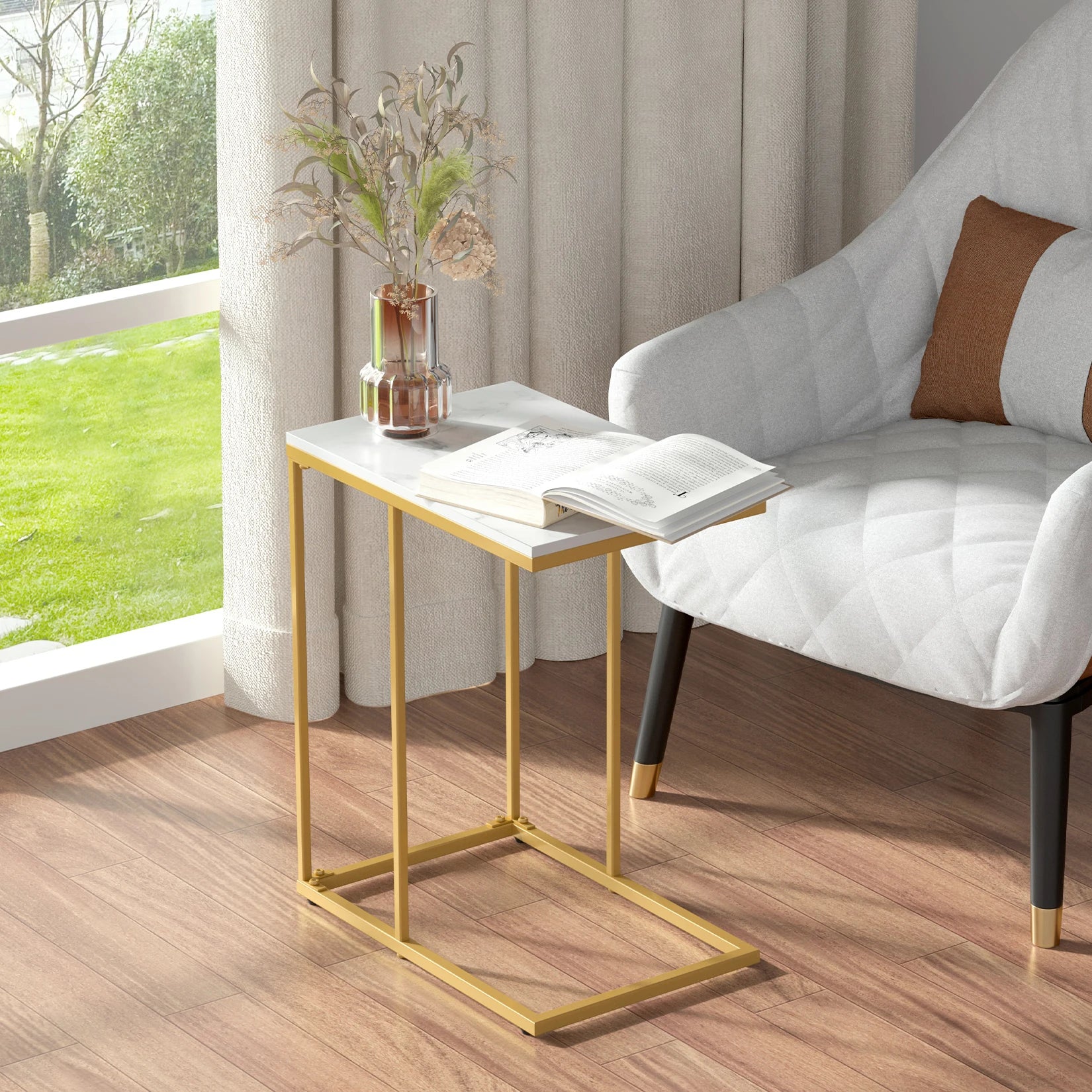 C-Shaped End Side Table - Marble Top - Gold & White
