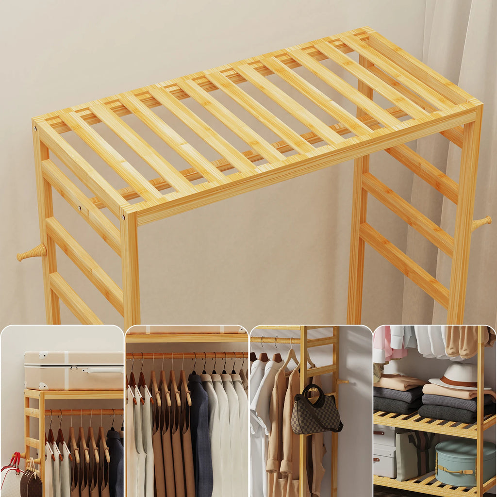 OEM Clothes Rack Bamboo Rolling Wheels Natural