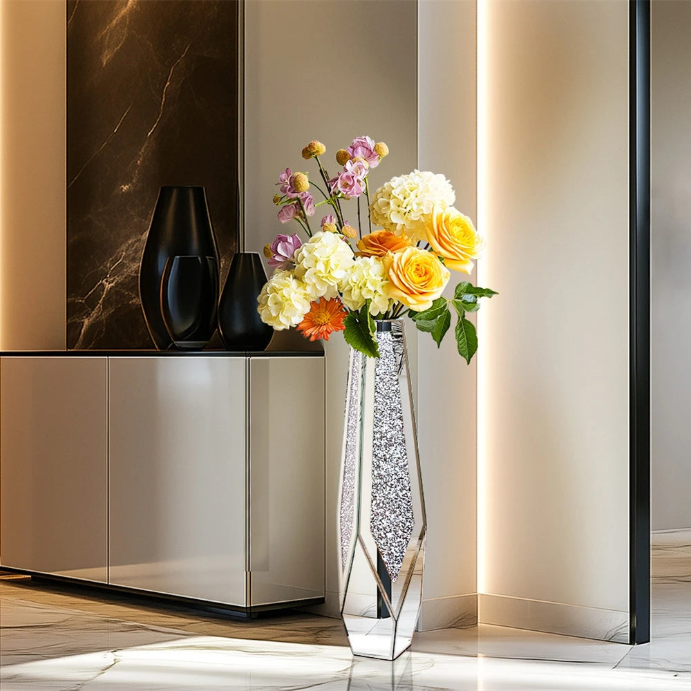 OEM Floor Vase Crushed Diamond Mirrored Design White Large