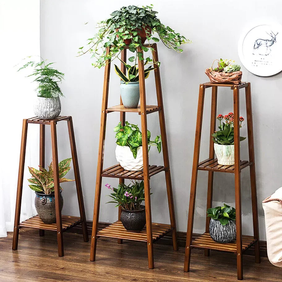 Plant Stand - Tiered Bamboo Design - Natural Wood