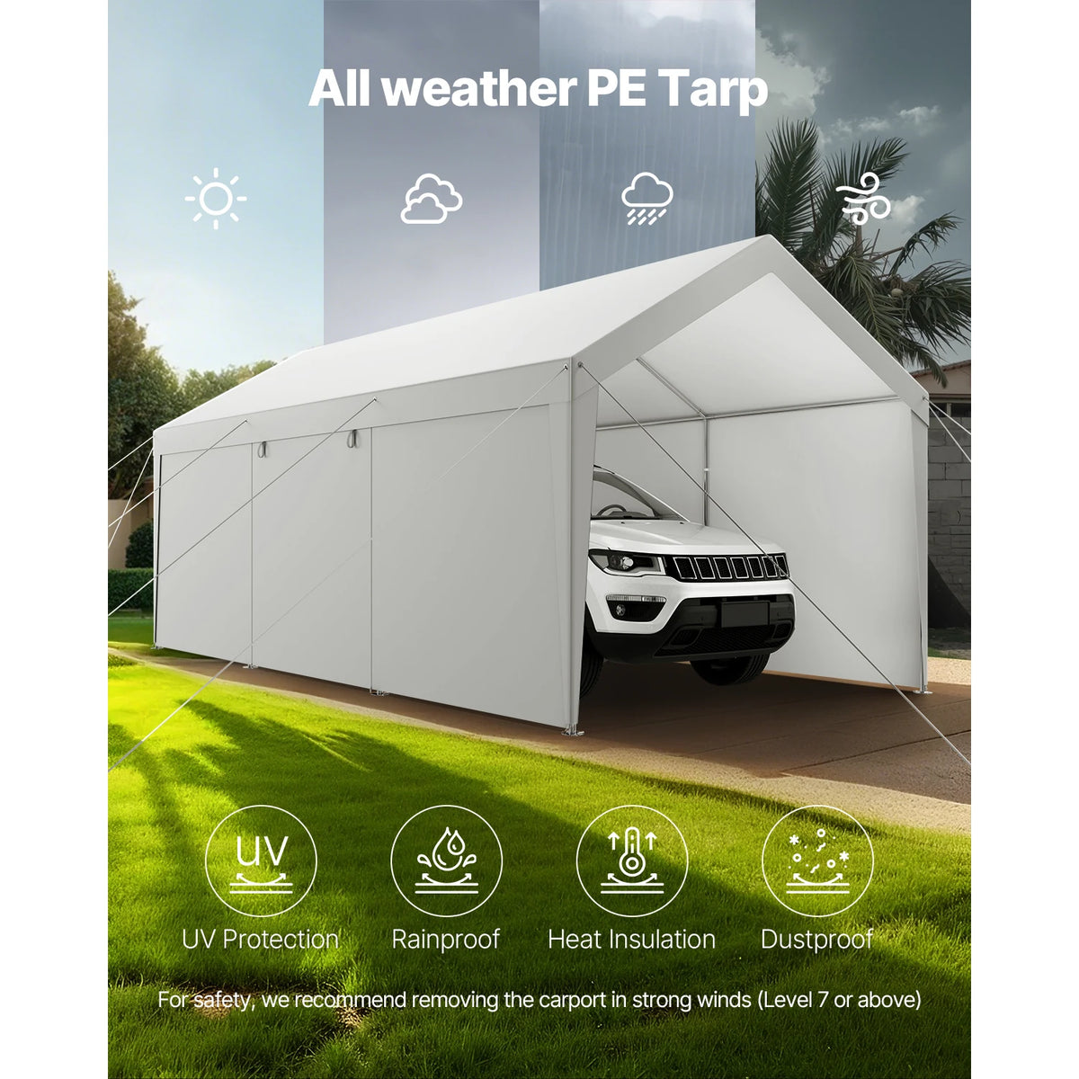 OEM Portable Carport Canopy Removable Sidewalls Zipper Door White 12x20ft