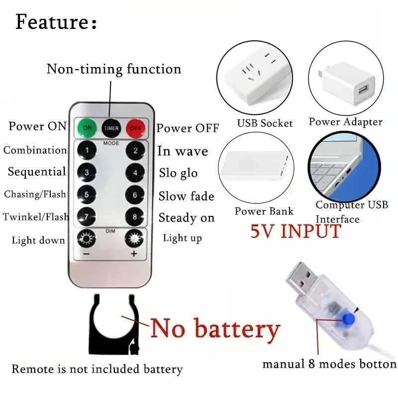 OEM Curtain LED String Lights USB Remote 8 Modes 300 LED 3x3m