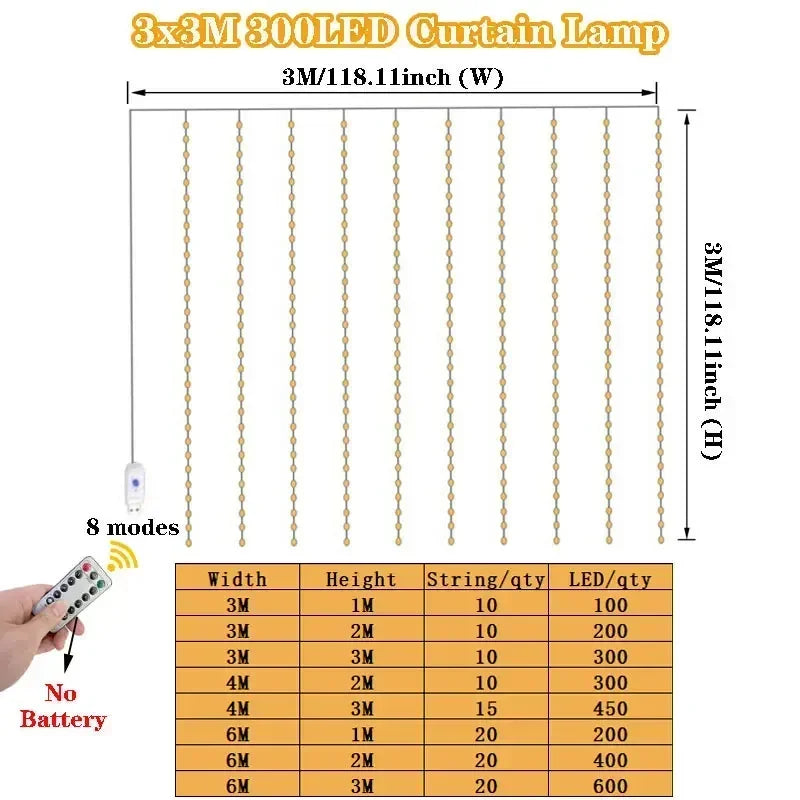 OEM USB Curtain Fairy String Lights Remote Control 400 LED  6x2m