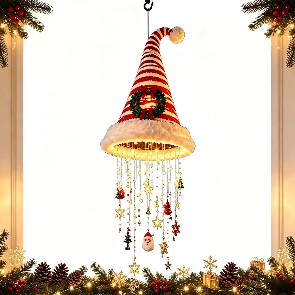 OEM  Santa Hat Hanging LED Light Tassel Bell Star Christmas Decoration S2