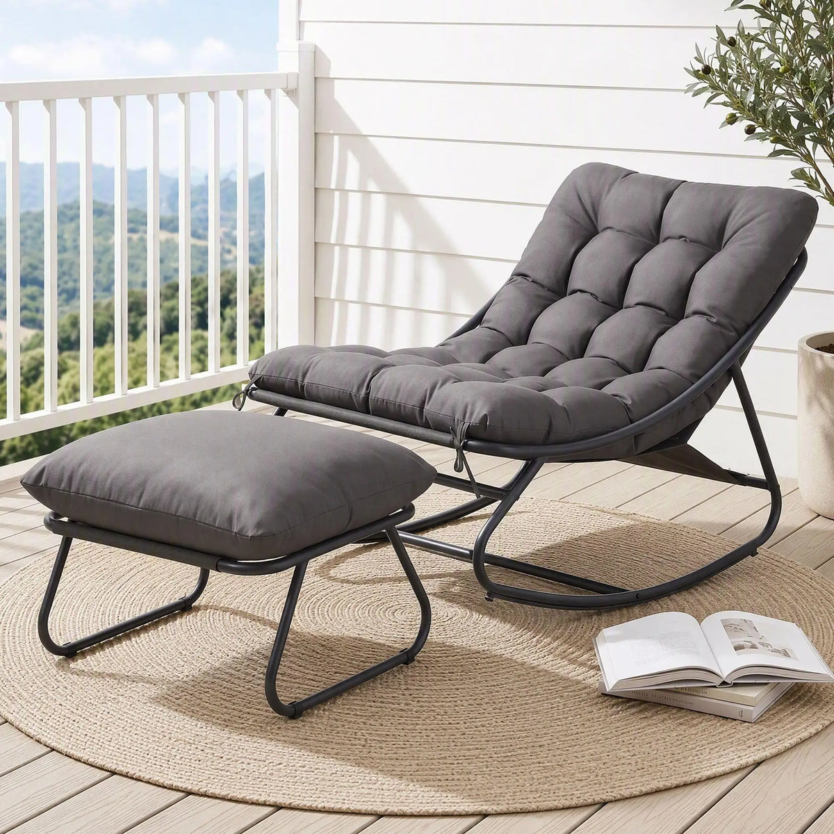 OEM Outdoor Rocking Chair with Footrest Breathable Mesh Seat Thick Cushion Grey 104x77x71cm