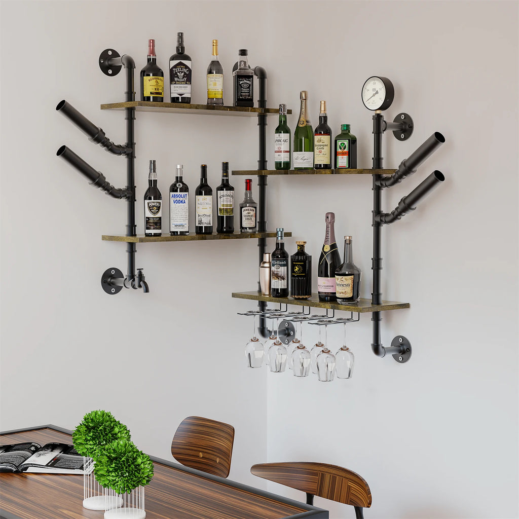 OEM Wall Wine Rack Industrial Pipe Shelves Glass Holder Rustic Brown Medium