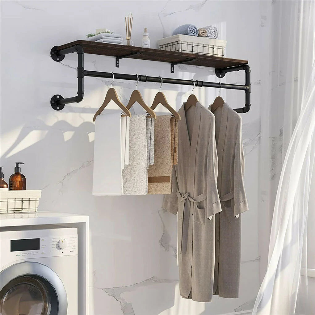 Industrial Pipe Clothing Rack with Shelf - Black