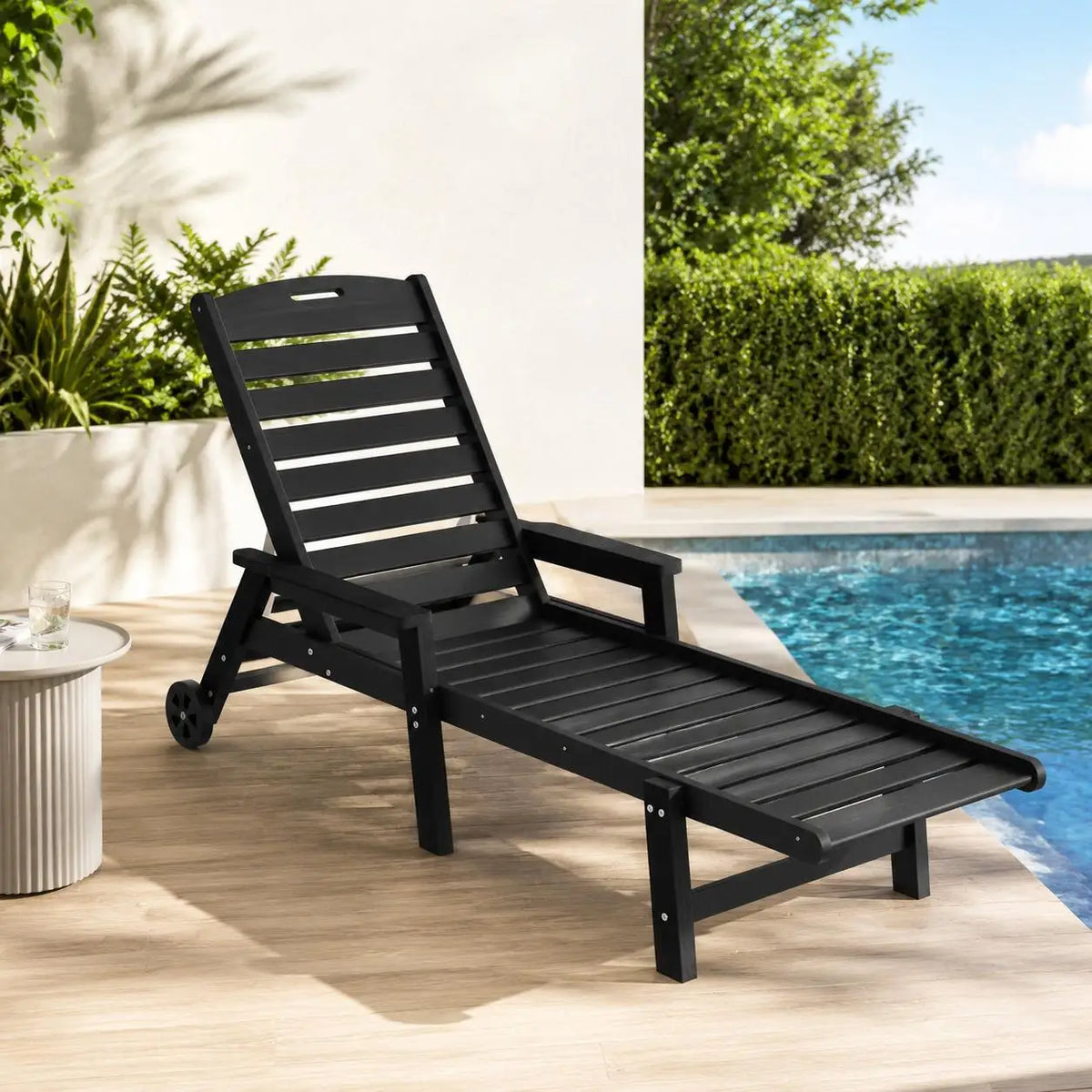 OEM Outdoor HDPE Sun Lounger Chair with Wheels 4-Position Adjustable Recliner Black 202x82cm