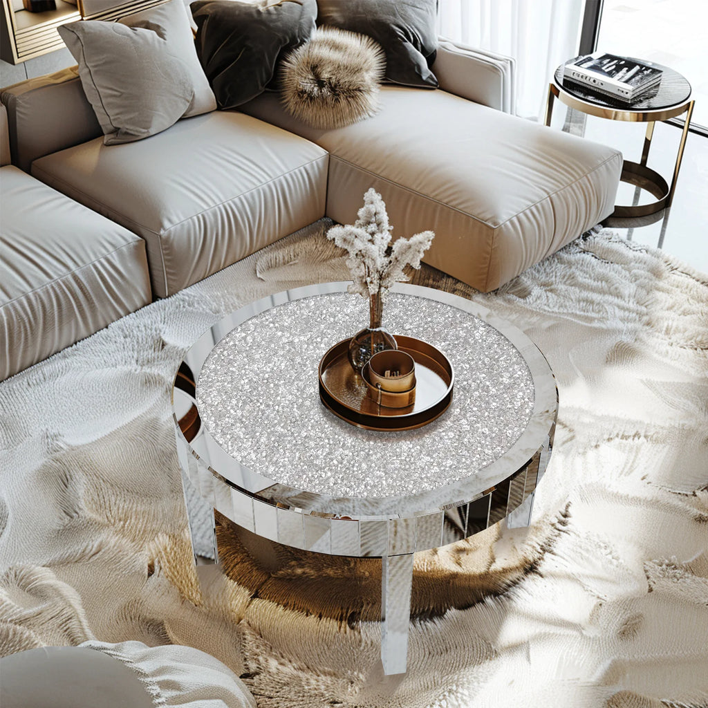 OEM Coffee Table Round Mirrored Crystal Inlay Silver