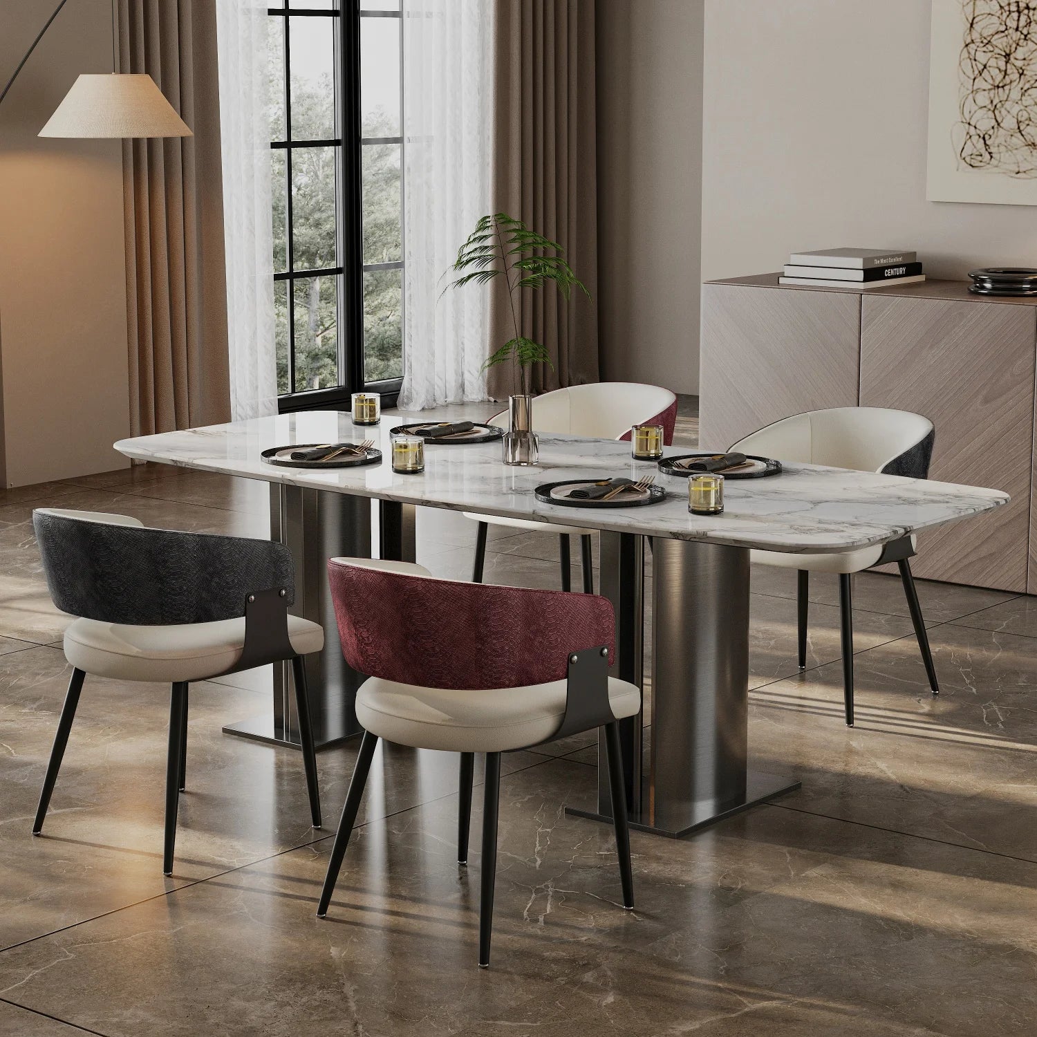 OEM Dining Chairs Microfiber Leather Wide Cushioned Seat Upholstered
