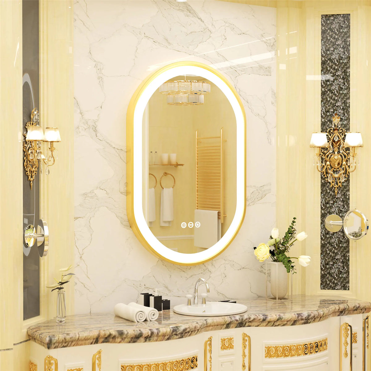 OEM Bathroom Mirror Oval LED Gold Frame Anti-Fog Gold
