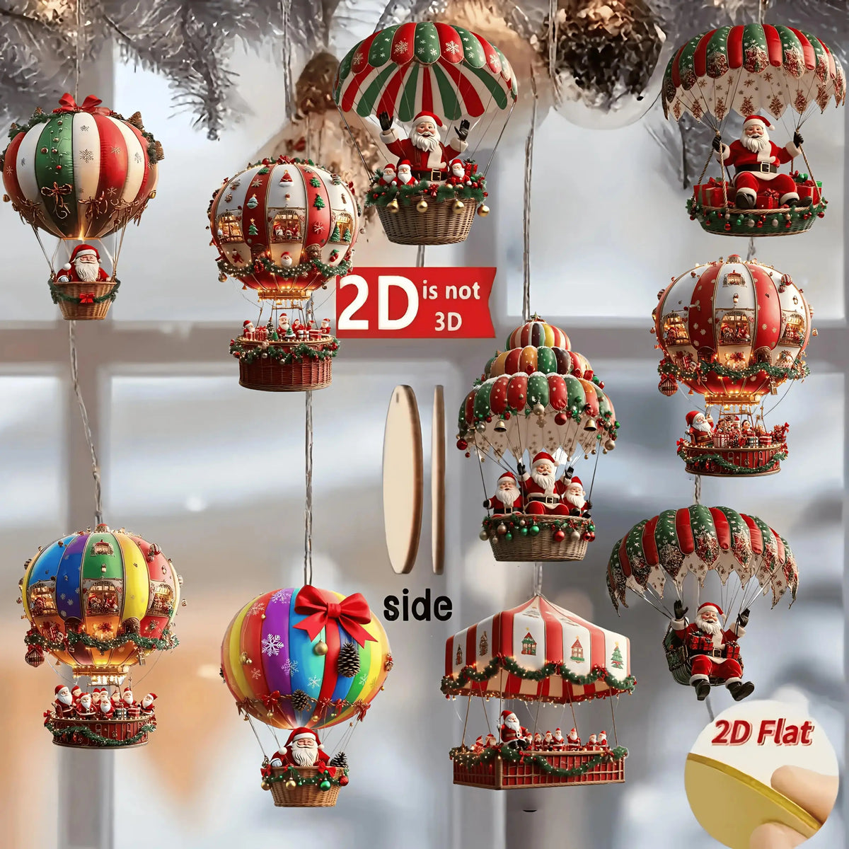 OEM Santa Claus Parachute Wooden Hanging Ornaments 10 Pack