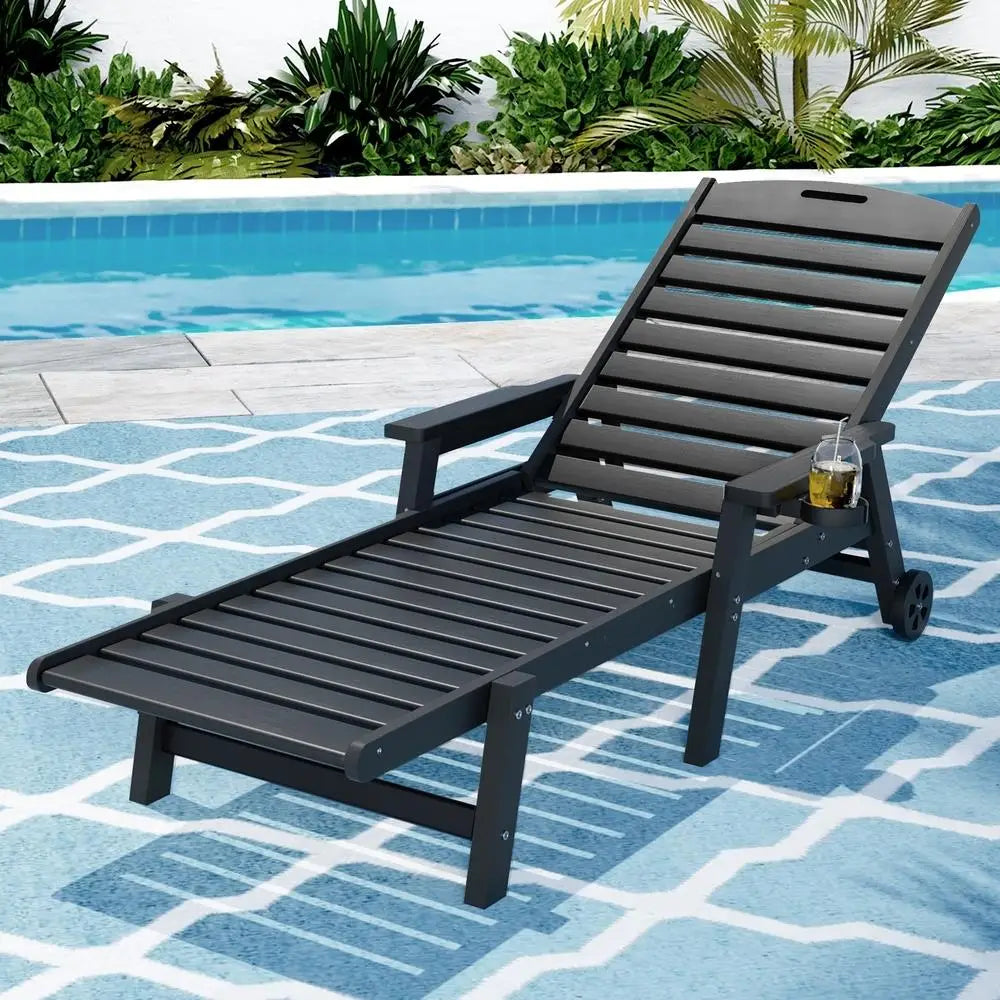 OEM Outdoor HDPE Sun Lounger Chair with Wheels 4-Position Adjustable Recliner Black 202x82cm