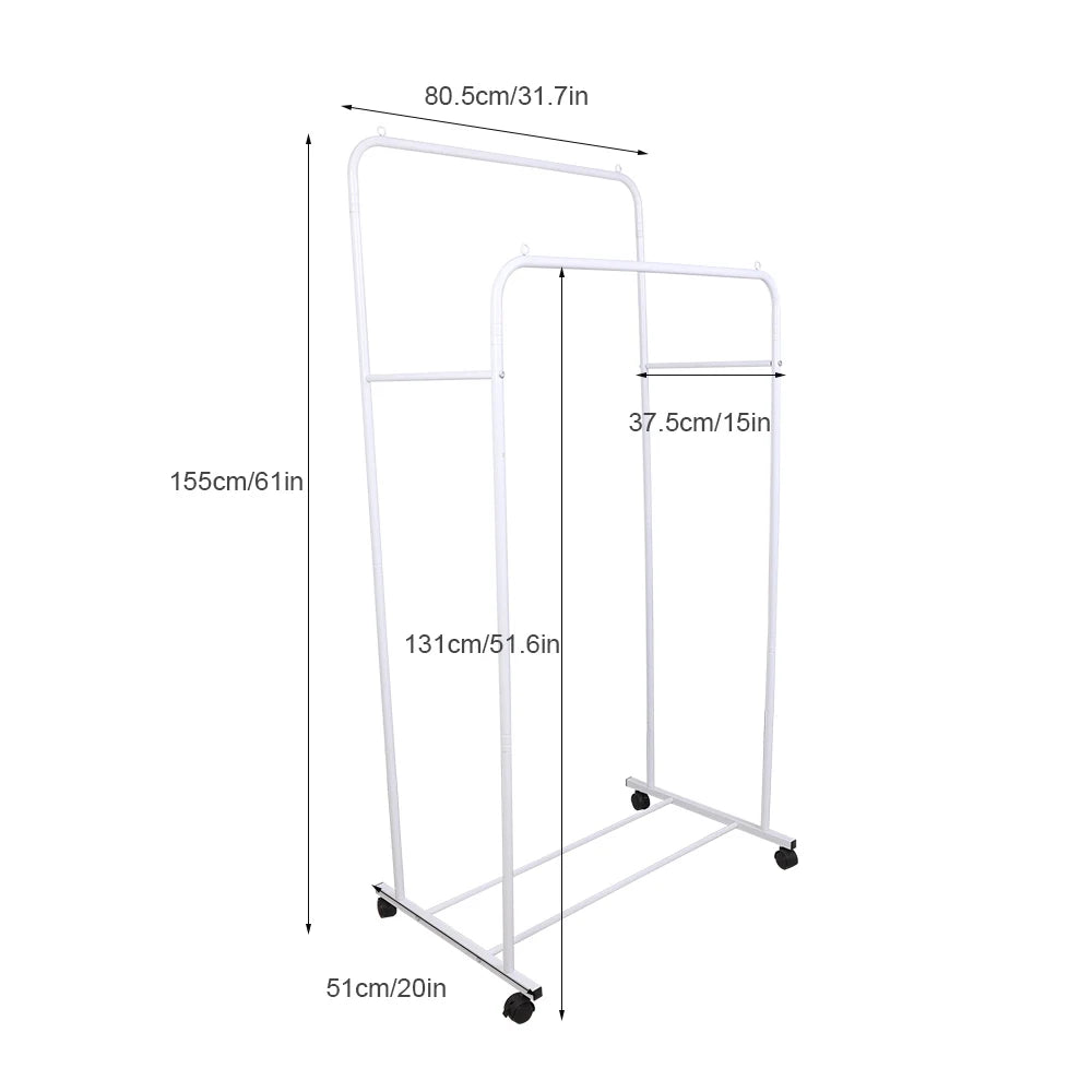 OEM Clothes Rack Double Hanging Rod Rolling White 80.5x51x155cm